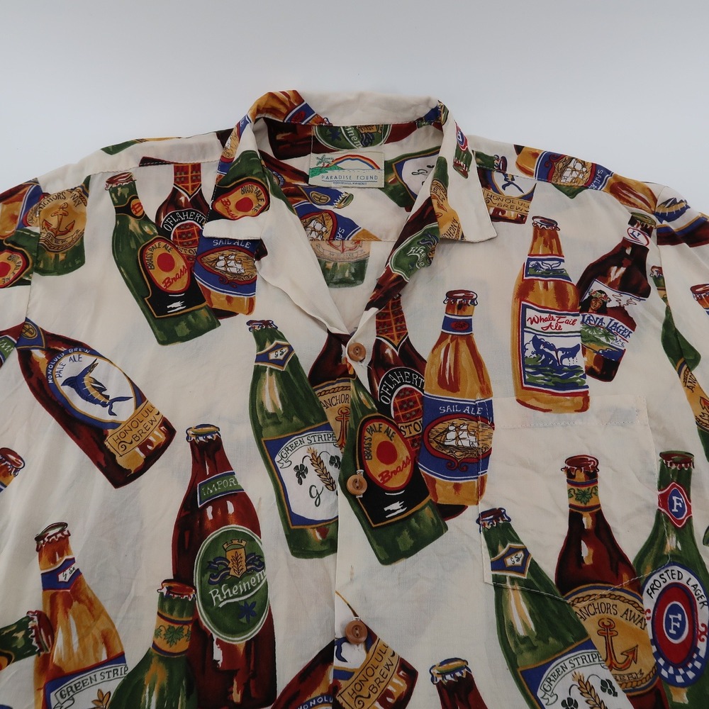 Paradise Found Mens Beer Bottle Print Hawaiian Camp Shirt Cream Multicolor L